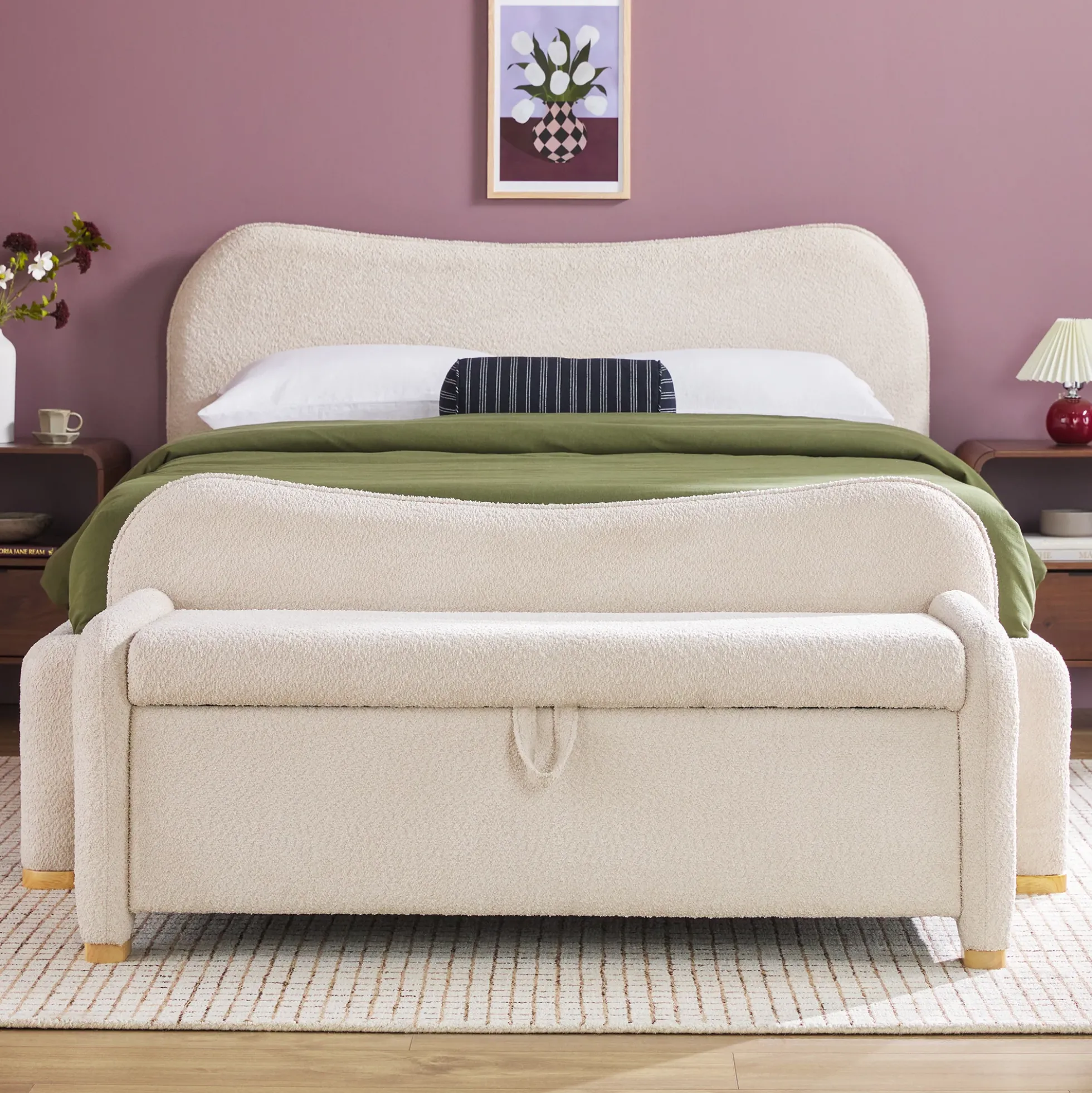Chantelle Modern Curve Boucle Upholstered Bench with Storage