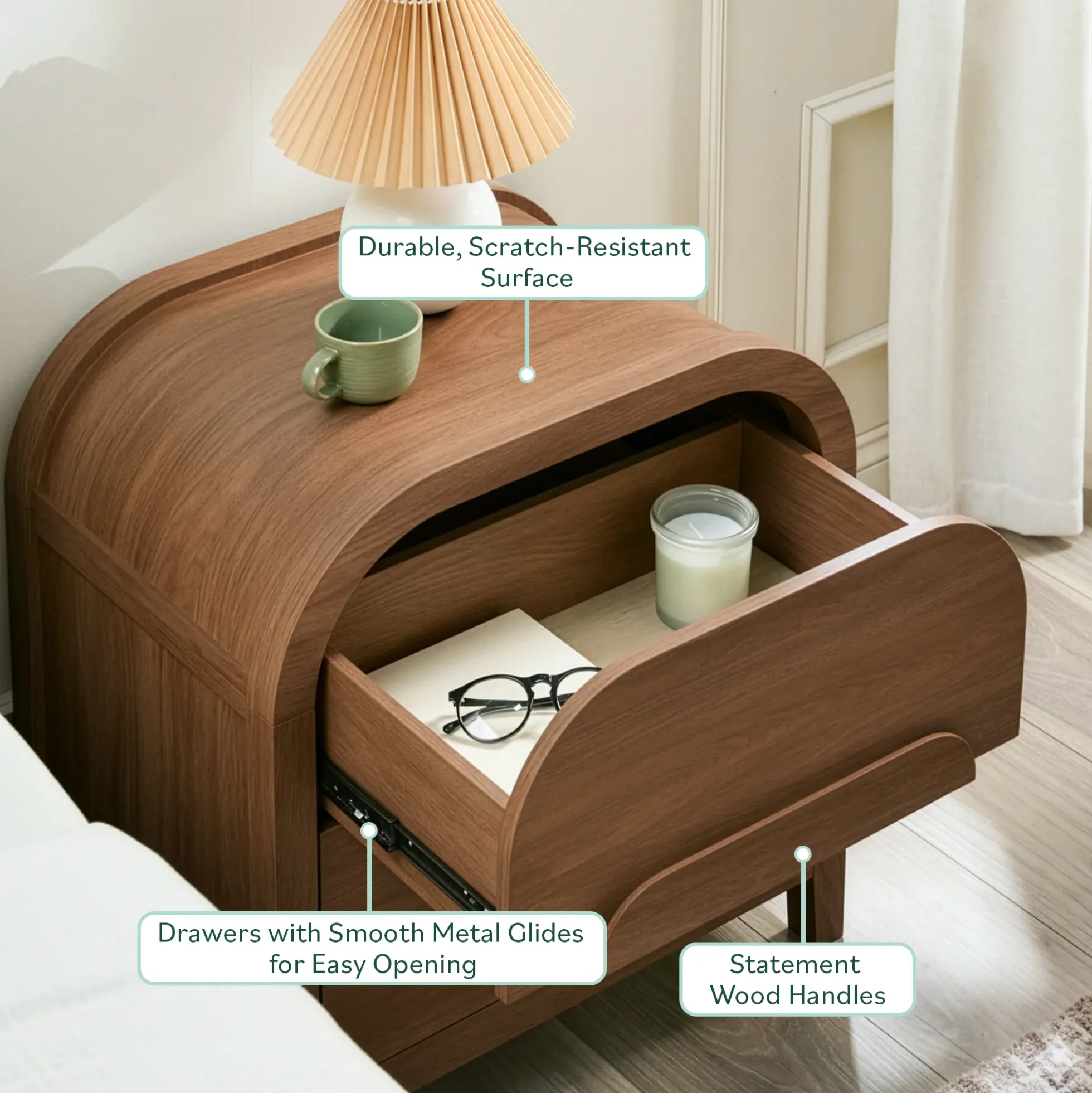 Chantelle Modern Curve Design 2-Drawer Nightstand