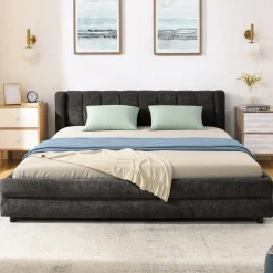 Chenille Upholstered Queen Size Upholstered Bedframe with Drawers