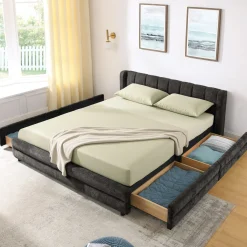 Chenille Upholstered Queen Size Upholstered Bedframe with Drawers