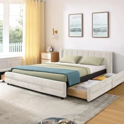 Chenille Upholstered Queen Size Upholstered Bedframe with Drawers
