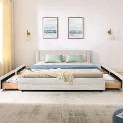 Chenille Upholstered Queen Size Upholstered Bedframe with Drawers