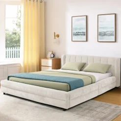 Chenille Upholstered Queen Size Upholstered Bedframe with Drawers