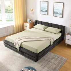 Chenille Upholstered Queen Size Upholstered Bedframe with Drawers