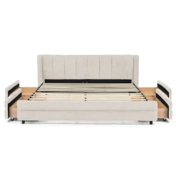 Chenille Upholstered Queen Size Upholstered Bedframe with Drawers