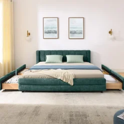 Chenille Upholstered Queen Size Upholstered Bedframe with Drawers