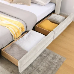 Chenille Upholstered Queen Size Upholstered Bedframe with Drawers