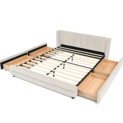 Chenille Upholstered Queen Size Upholstered Bedframe with Drawers