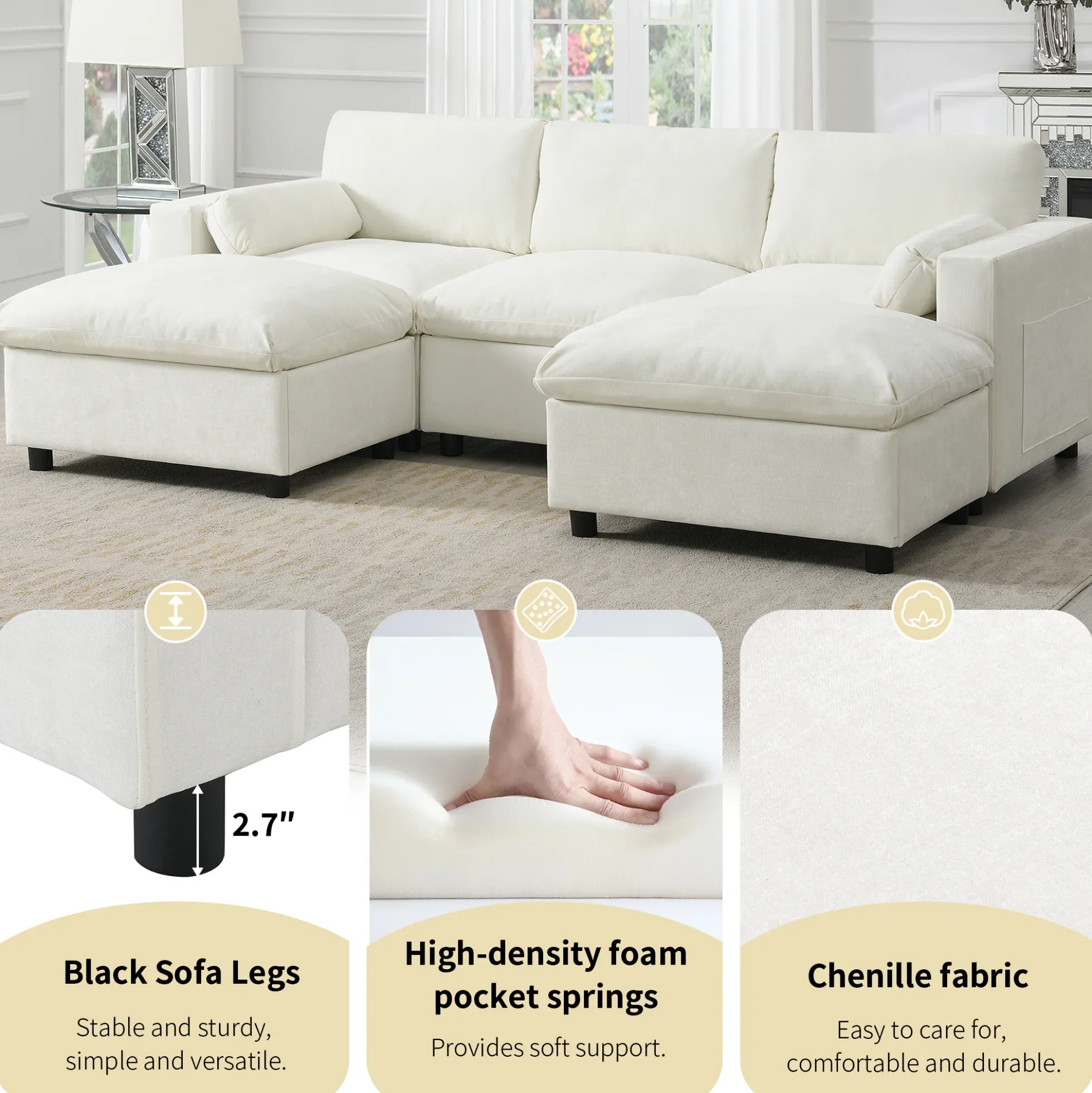 Cloud Modular Sectional Sofa with Storage Pockets and 2 Movable Ottomans