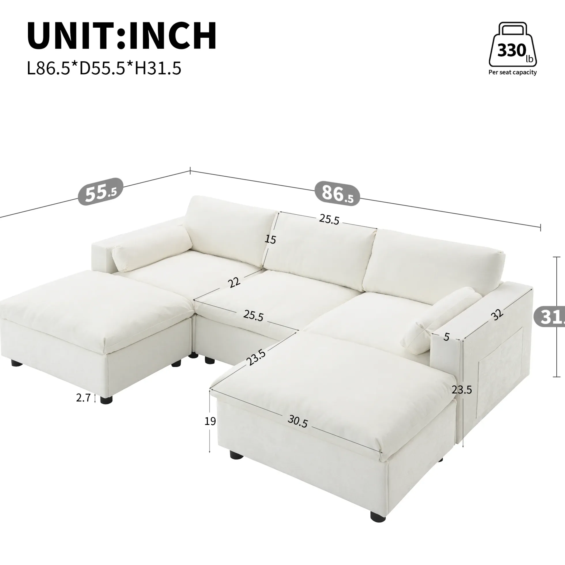 Cloud Modular Sectional Sofa with Storage Pockets and 2 Movable Ottomans