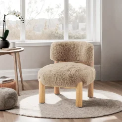 Contemporary Plush Fur Fabric Accent Chair with Wooden Legs