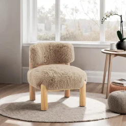 Contemporary Plush Fur Fabric Accent Chair with Wooden Legs