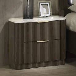 Contemporary Reeded Marble Top Two Drawer Nightstand with Plinth Base