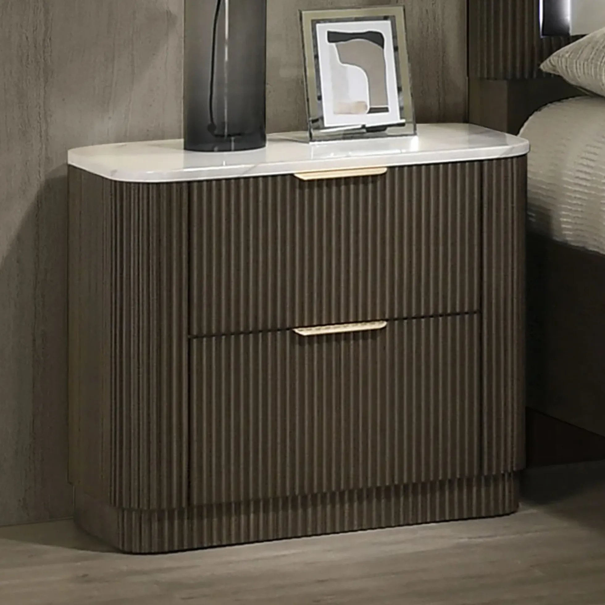 Contemporary Reeded Marble Top Two Drawer Nightstand with Plinth Base
