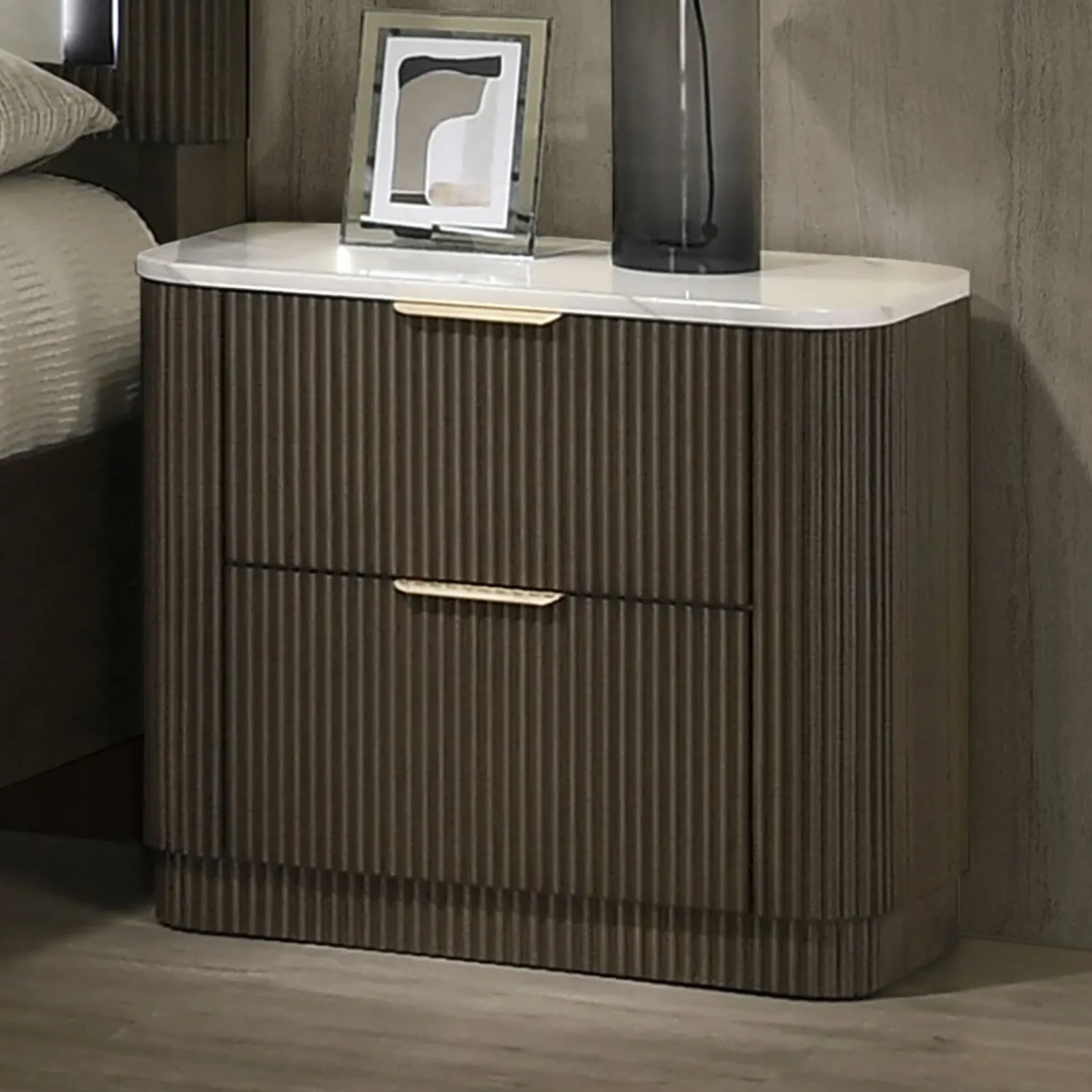 Contemporary Reeded Marble Top Two Drawer Nightstand with Plinth Base