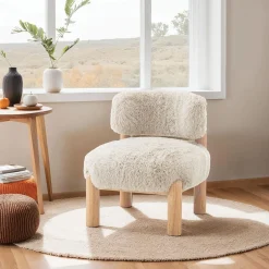 Contemporary Style Accent Chair Curved Backrest Wooden Legs Fur Fabric Taupe Finish Primary Living Room