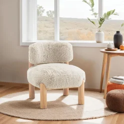 Contemporary Style Accent Chair Curved Backrest Wooden Legs Fur Fabric Taupe Finish Primary Living Room