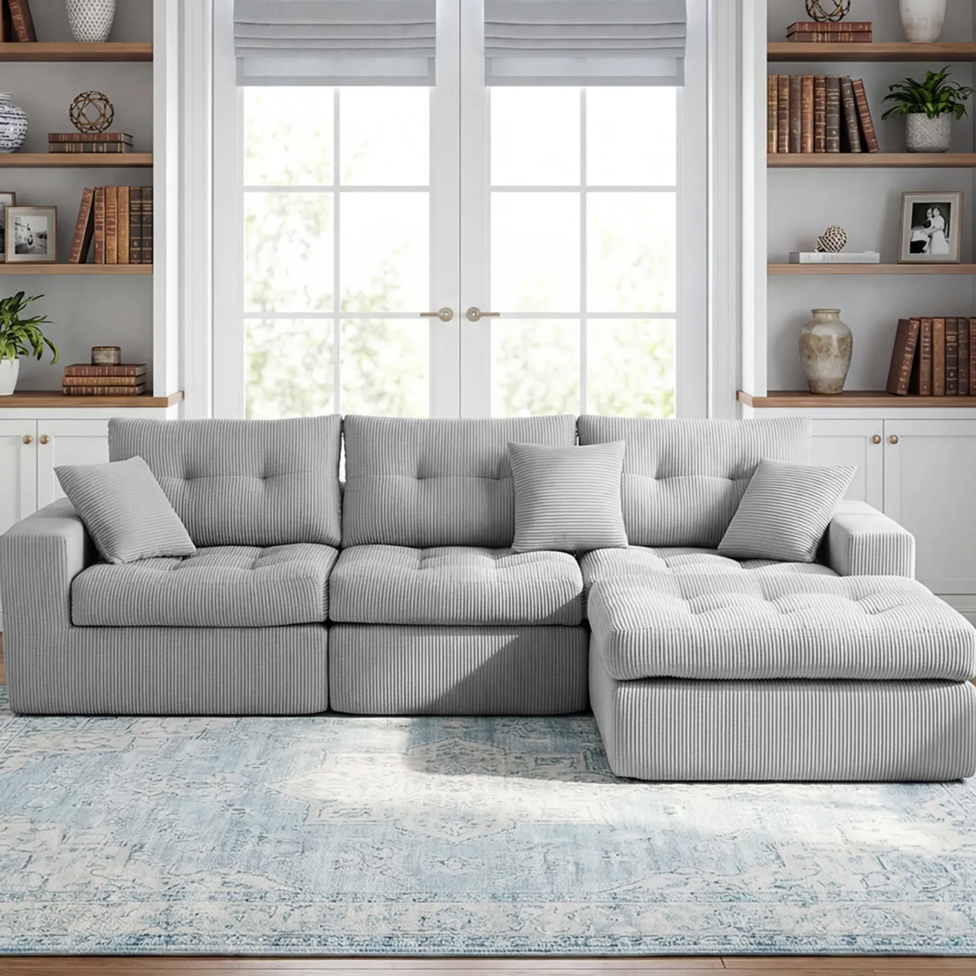 Corduroy Corner Chaise L-Shaped Sectional Sofa Bed with High-Density Sponge