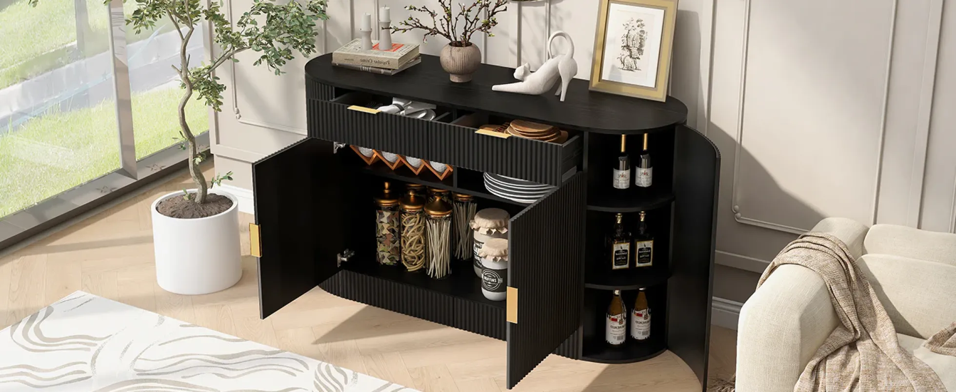 Curve Design Fluted Accent Cabinet Storage - Sideboard / TV Stand