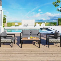 Curve Iron Outdoor Patio Loveseat Sofa Set with Table