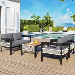 Curve Iron Outdoor Patio Loveseat Sofa Set with Table