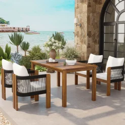 Curve Teak Wood Rope 5-Piece Outdoor Patio Dining Set for 4