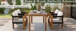 Curve Teak Wood Rope 5-Piece Outdoor Patio Dining Set for 4
