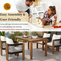 Curve Teak Wood Rope 5-Piece Outdoor Patio Dining Set for 4