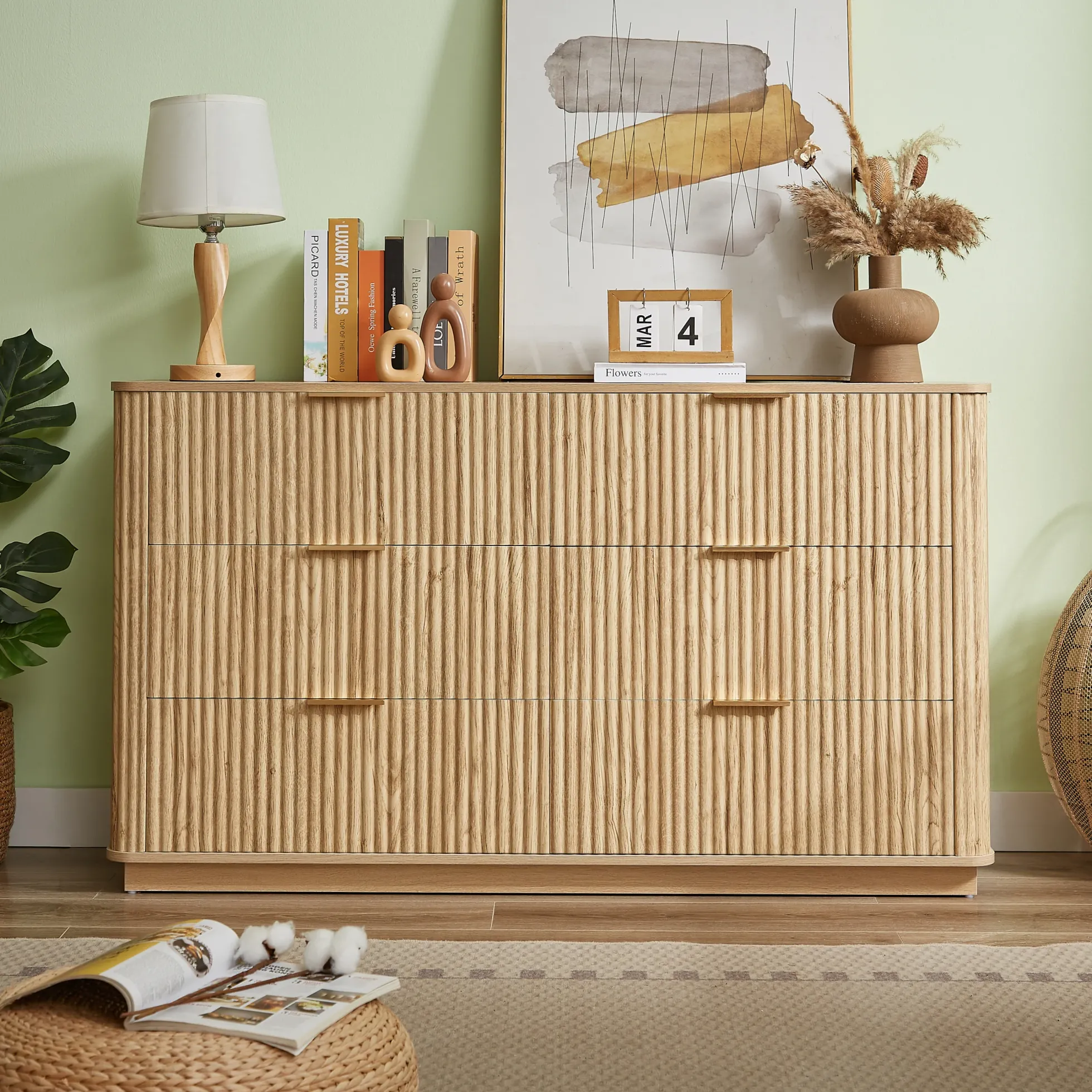 Curved wave Design Fluted 55' Wide Modern 6 Drawers Dresser