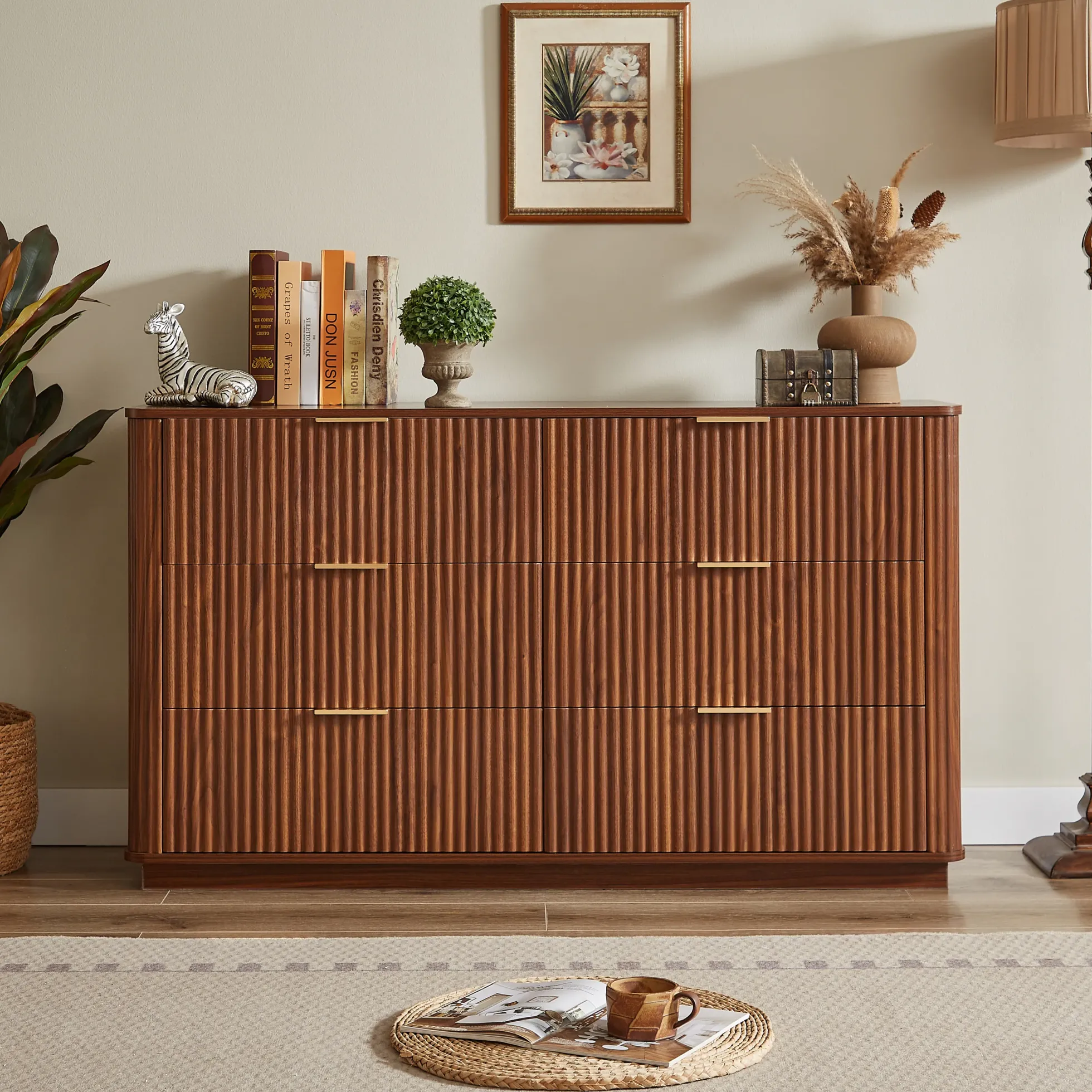 Curved wave Design Fluted 55' Wide Modern 6 Drawers Dresser