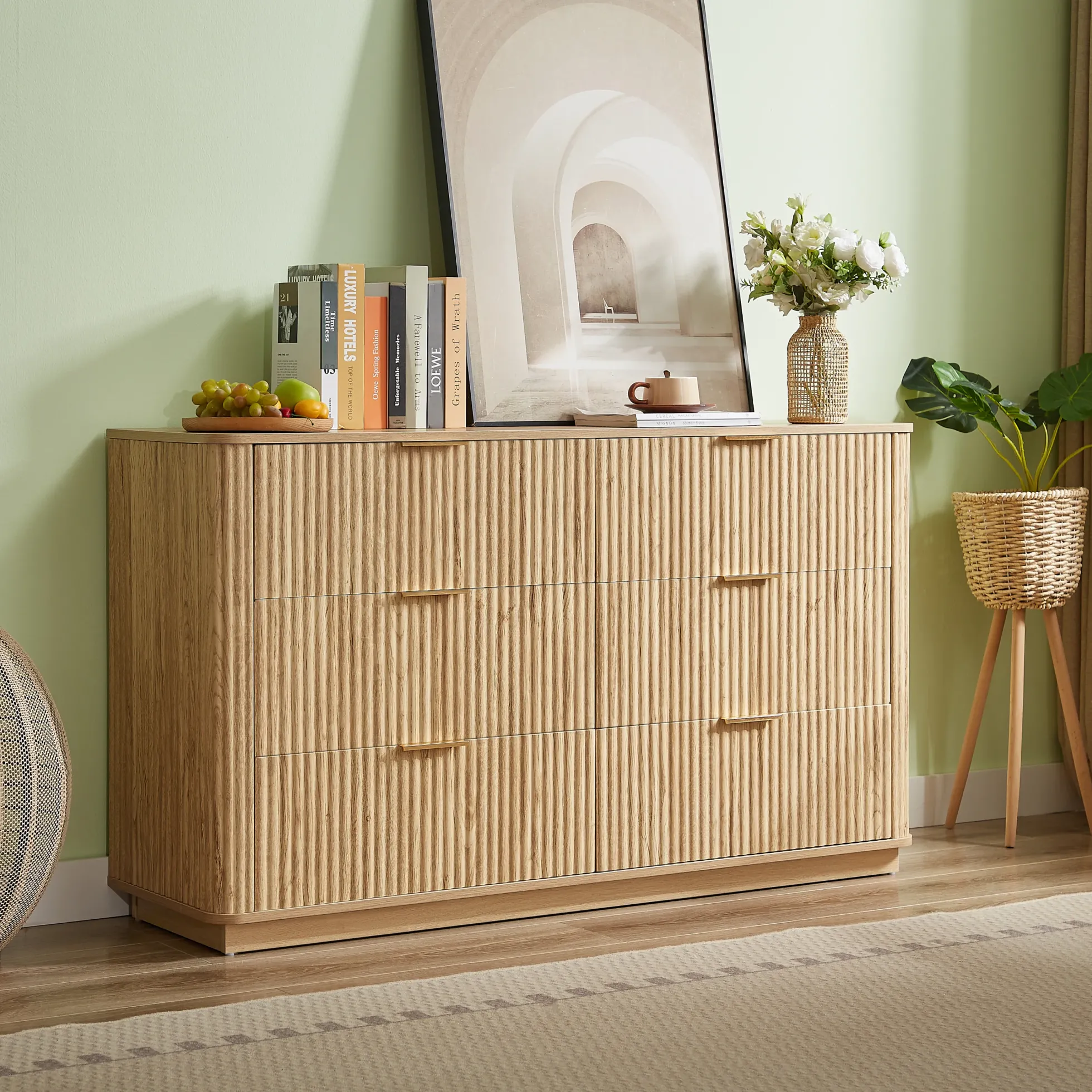 Curved wave Design Fluted 55' Wide Modern 6 Drawers Dresser
