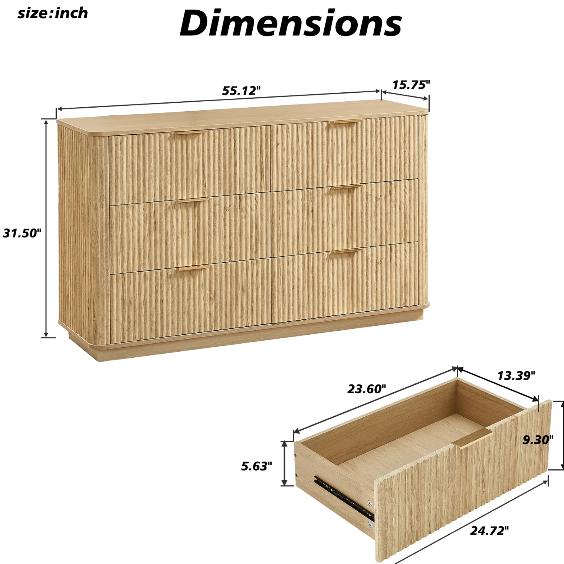Curved wave Design Fluted 55' Wide Modern 6 Drawers Dresser