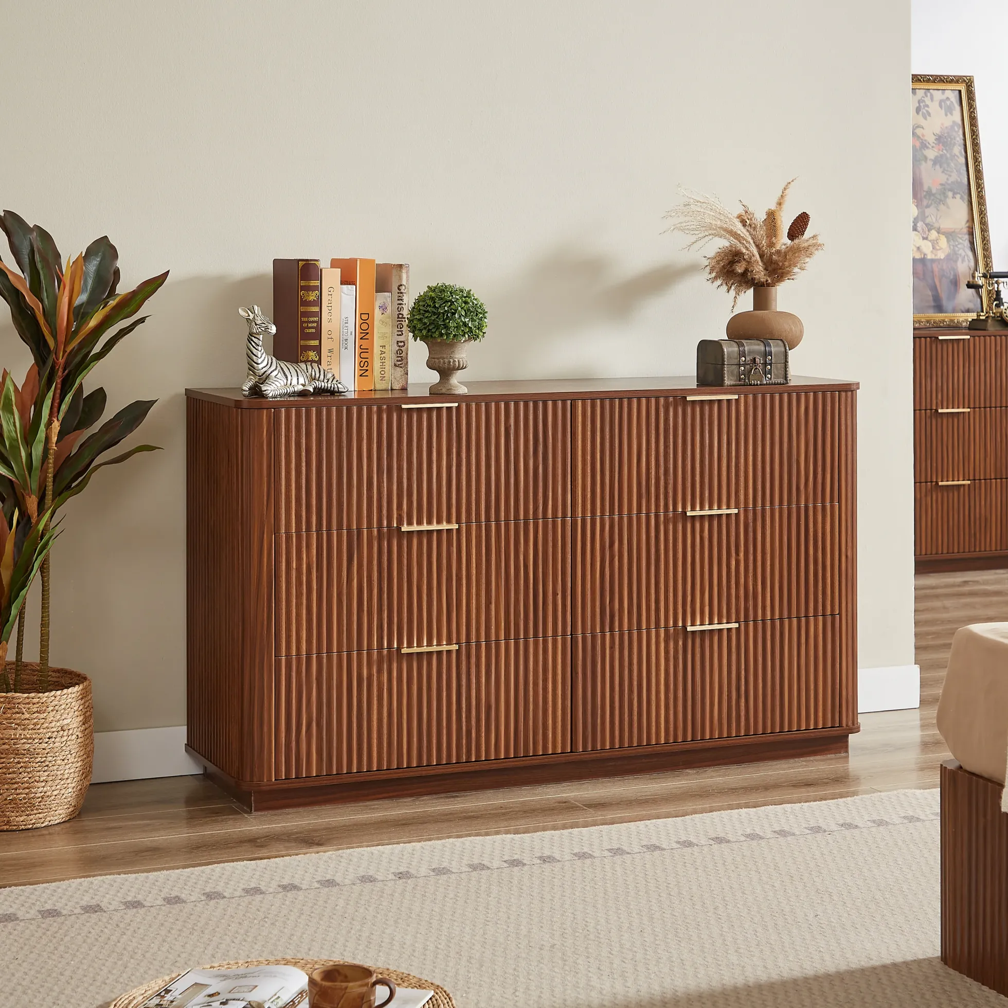 Curved wave Design Fluted 55' Wide Modern 6 Drawers Dresser