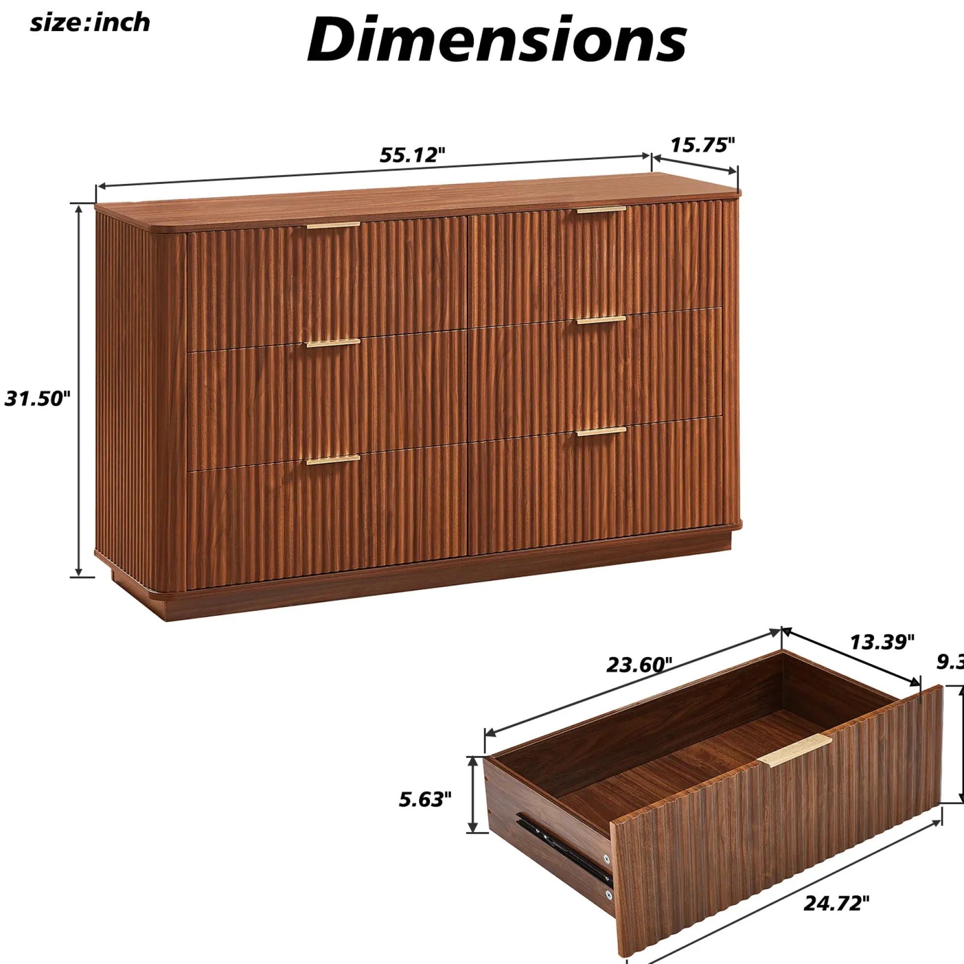Curved wave Design Fluted 55' Wide Modern 6 Drawers Dresser