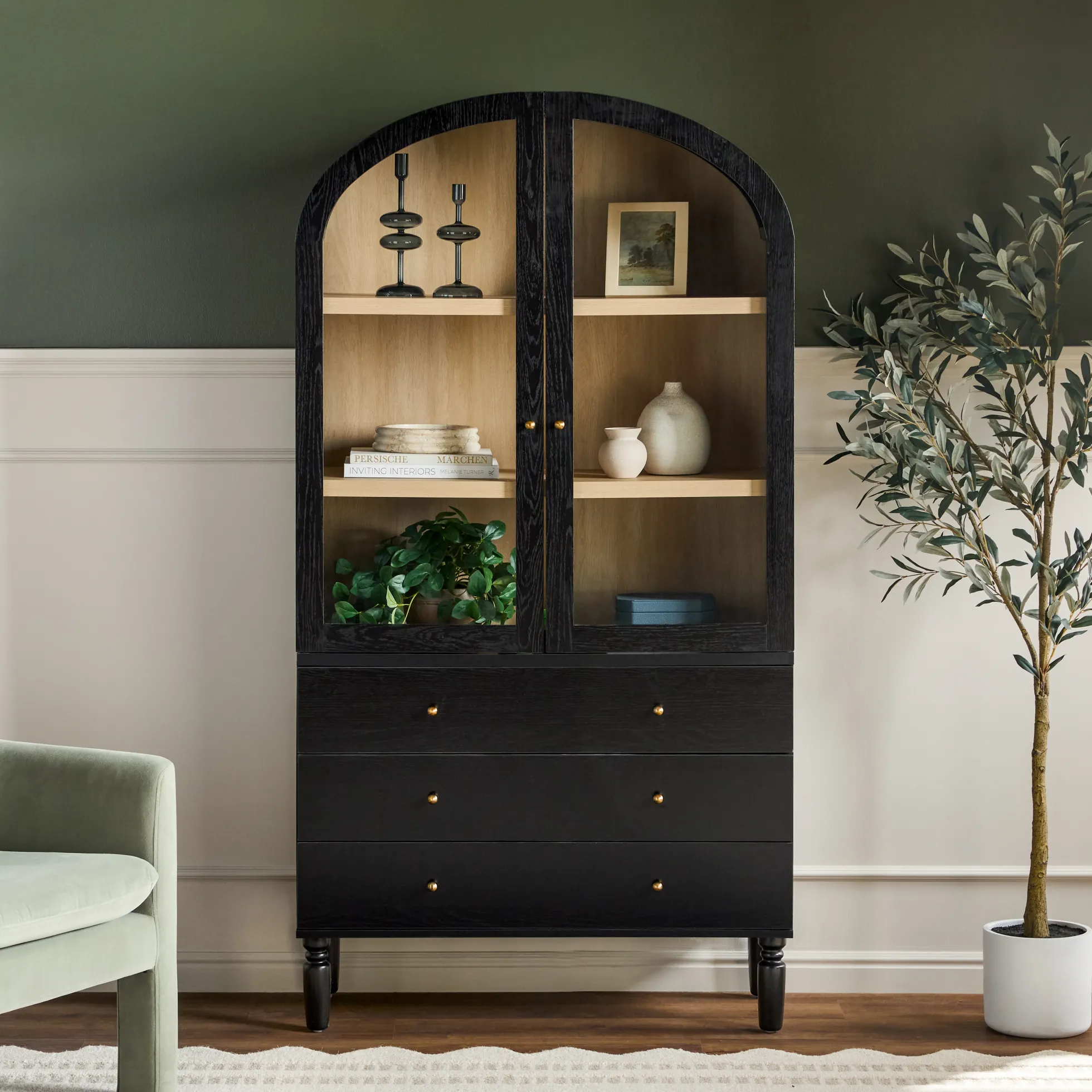 Darci Modern Arched Bookshelf Cabinet with Glass Doors