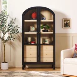 Darci Modern Arched Bookshelf Cabinet with Glass Doors & Inner Drawers