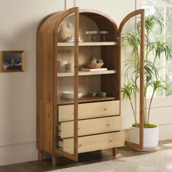Darci Modern Arched Bookshelf Cabinet with Glass Doors & Inner Drawers