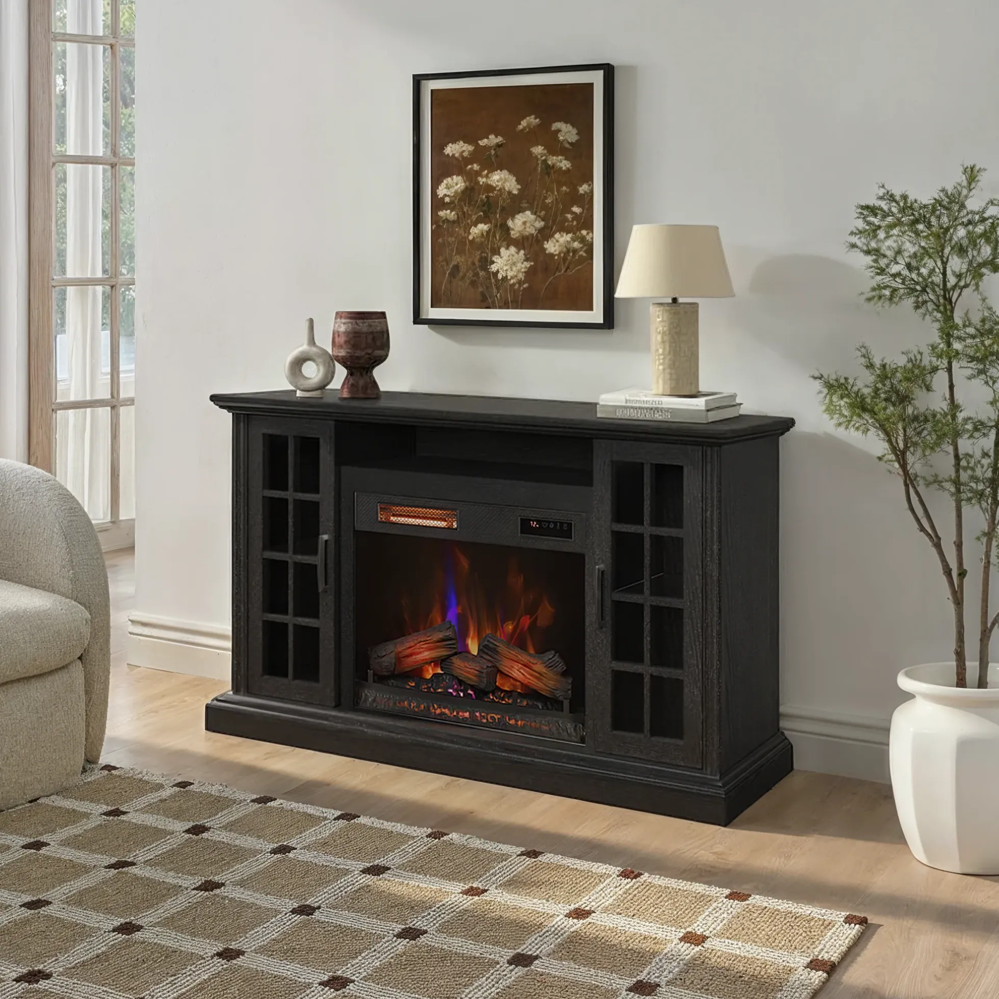 duraflame® Windowpane Glass Door Electric Fireplace TV Stand Media Console