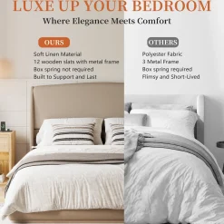 Elegant Linen Upholstered Queen Bed Frame with Wingback Headboard