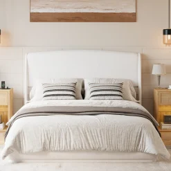 Elegant Linen Upholstered Queen Bed Frame with Wingback Headboard