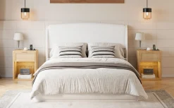 Elegant Linen Upholstered Queen Bed Frame with Wingback Headboard