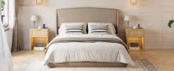 Elegant Linen Upholstered Queen Bed Frame with Wingback Headboard