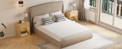 Elegant Linen Upholstered Queen Bed Frame with Wingback Headboard
