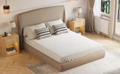 Elegant Linen Upholstered Queen Bed Frame with Wingback Headboard