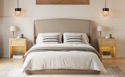 Elegant Linen Upholstered Queen Bed Frame with Wingback Headboard