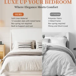 Elegant Linen Upholstered Queen Bed Frame with Wingback Headboard