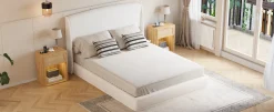 Elegant Linen Upholstered Queen Bed Frame with Wingback Headboard
