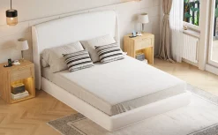 Elegant Linen Upholstered Queen Bed Frame with Wingback Headboard