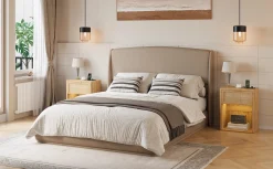 Elegant Linen Upholstered Queen Bed Frame with Wingback Headboard