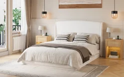 Elegant Linen Upholstered Queen Bed Frame with Wingback Headboard